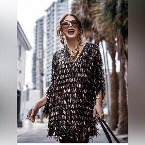 ZARA Black & Gold Sequin Fringe Mini Dress – Size M